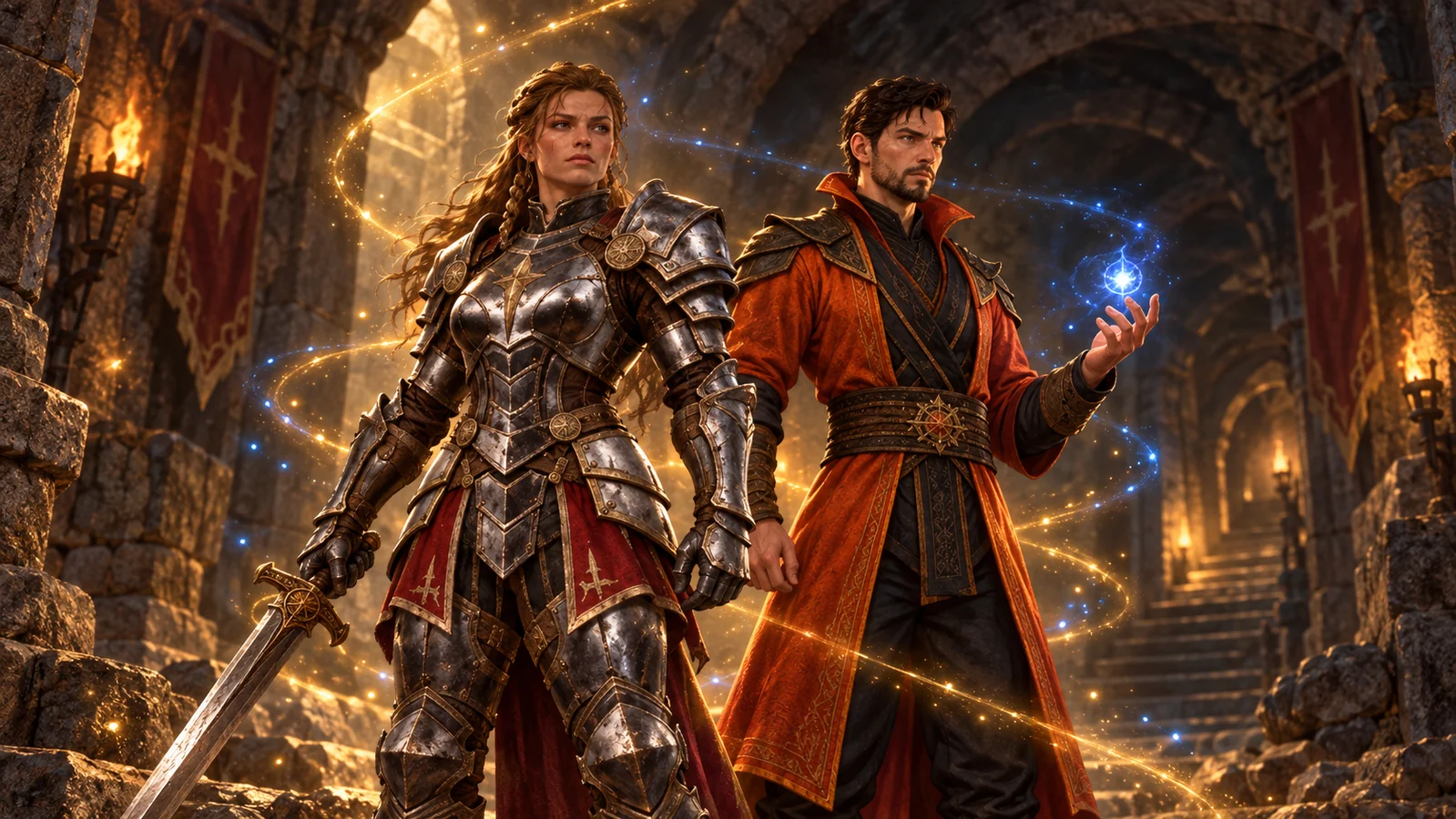 Illustration of an experienced Warrior and Mage surrounded by gold and sapphire light