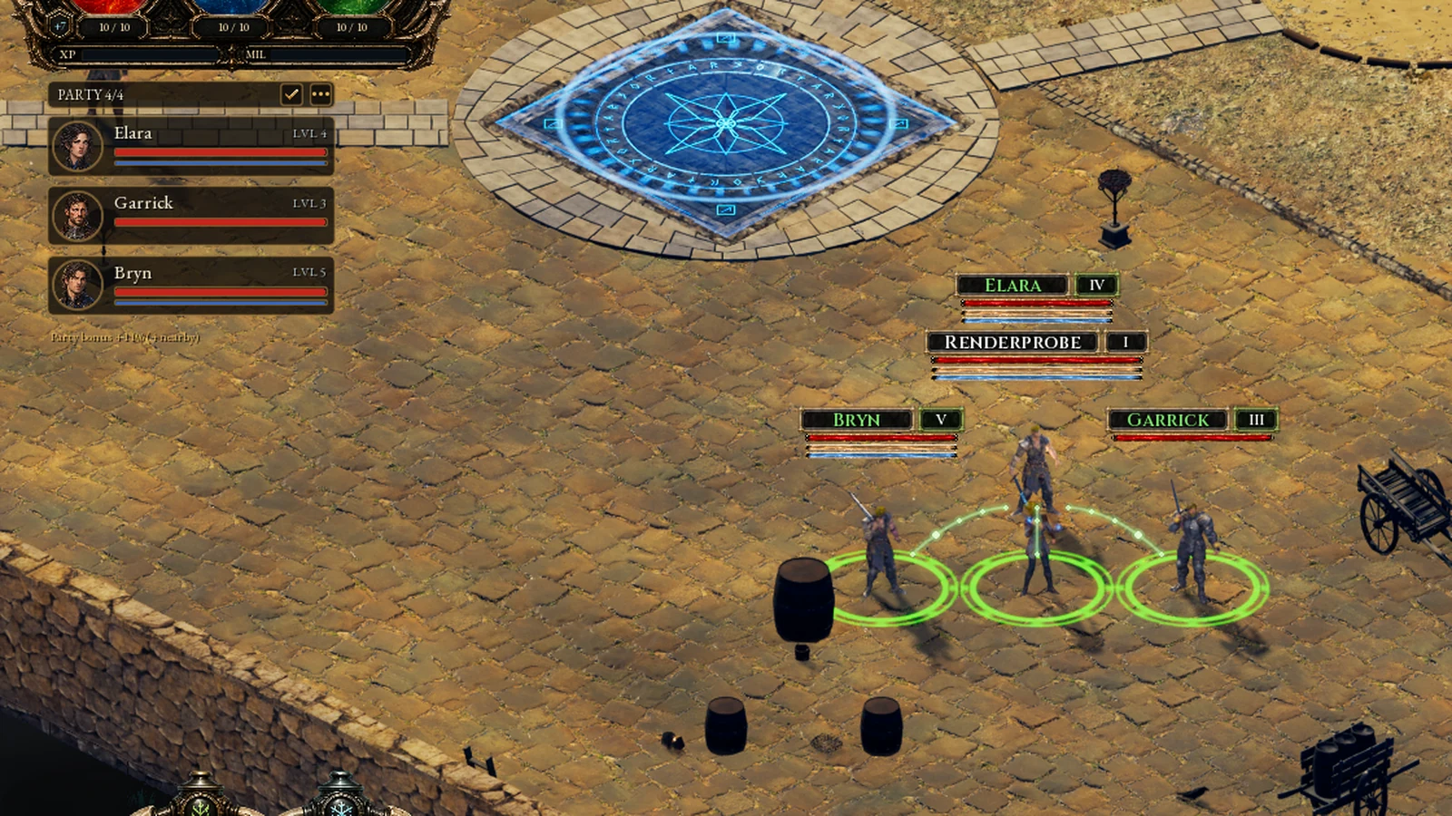 Four heroes standing together on the square in Cameron, with their party frames on the left of the screen