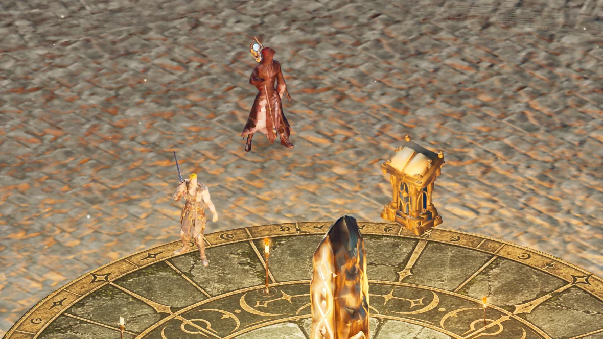 The Rift Keeper next to the boss board and the waystone in The Shattered Sanctum