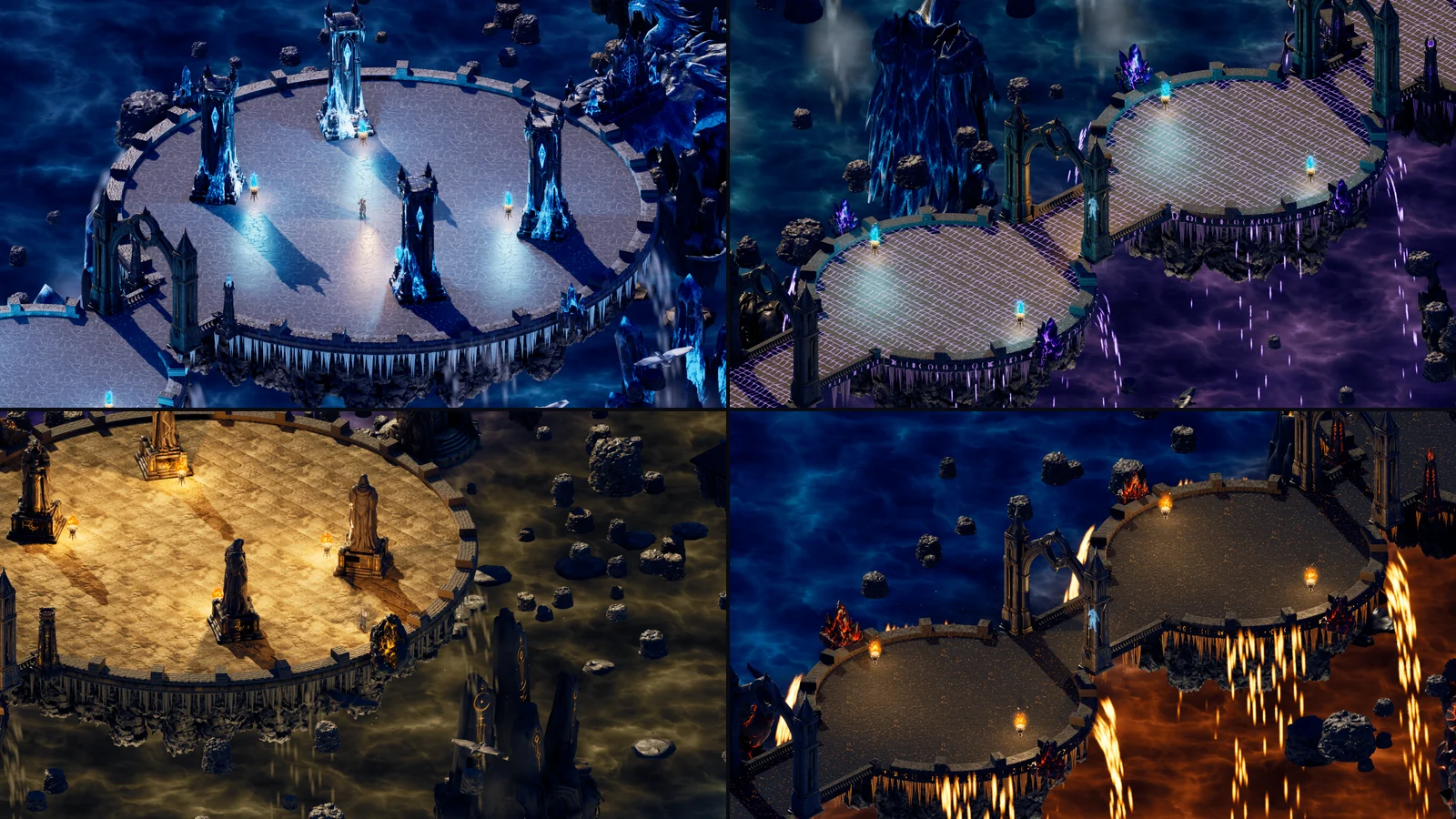 Four in-game screenshots of the boss rifts: an ice platform with frozen pillars, storm islands over a violet void, a stone platform with statues, and fire islands above a sea of lava