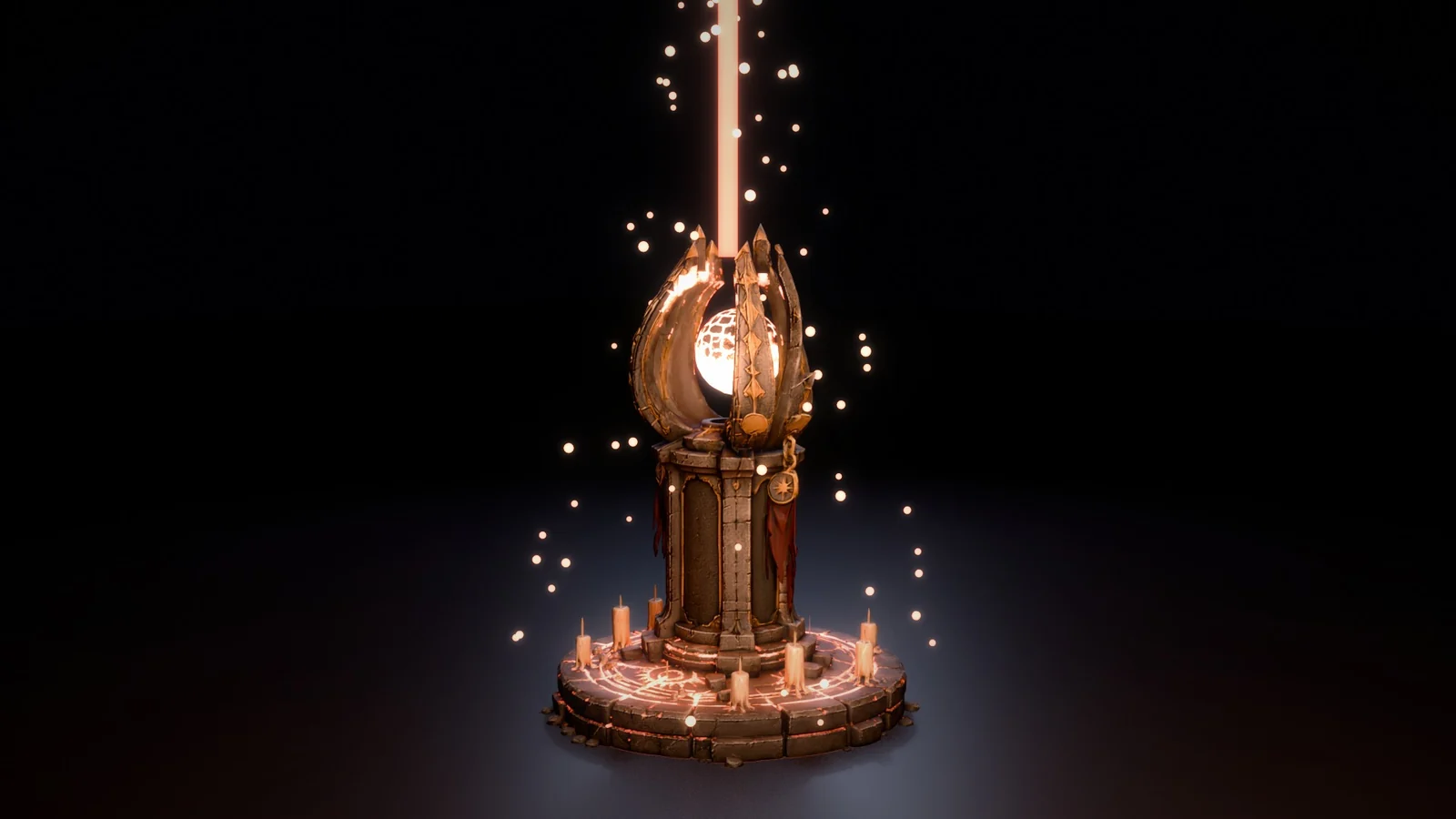 A dark stone shrine with a glowing red orb in its crown and a thin beam of red light above it