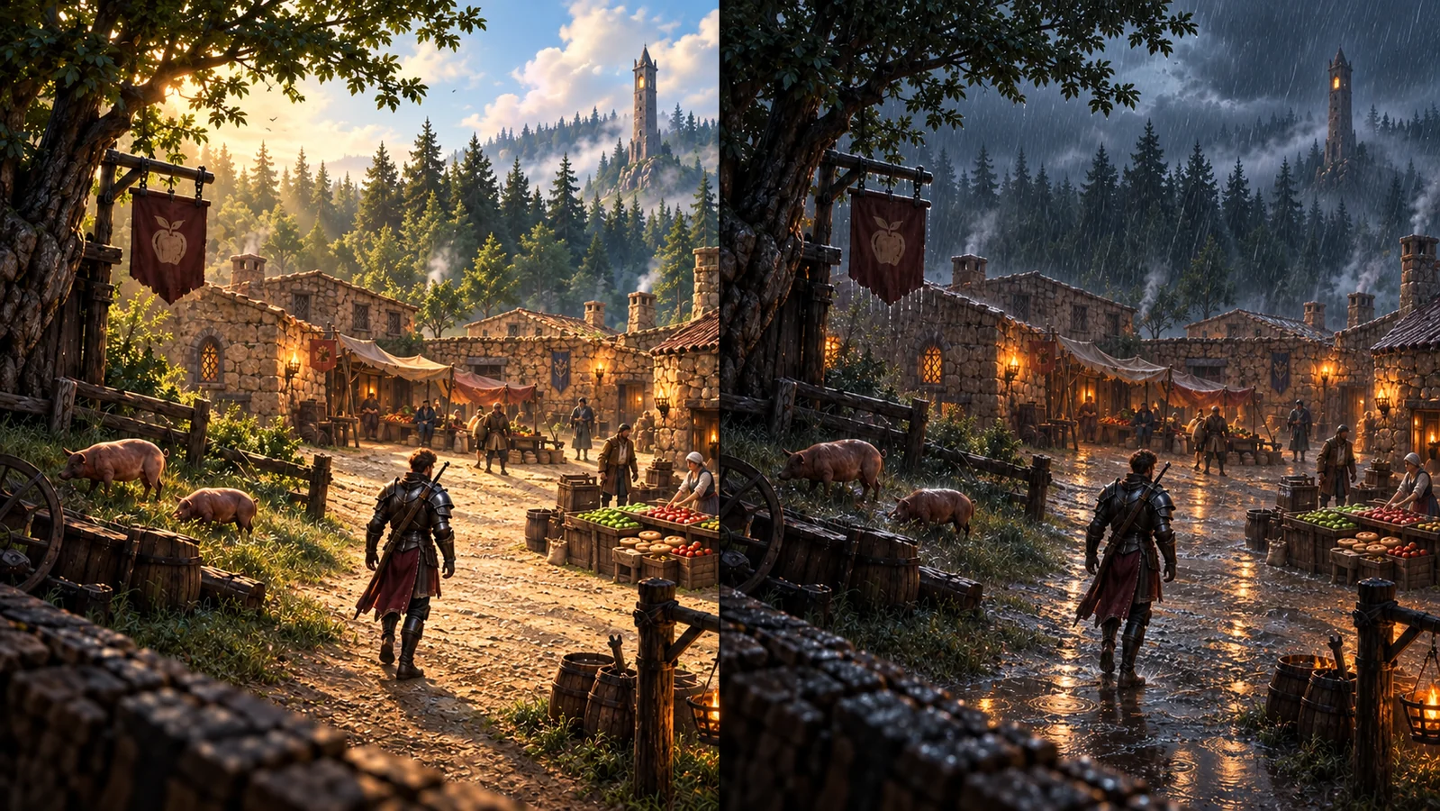 Illustration comparing Cameron in clear daylight and under an evening rainstorm