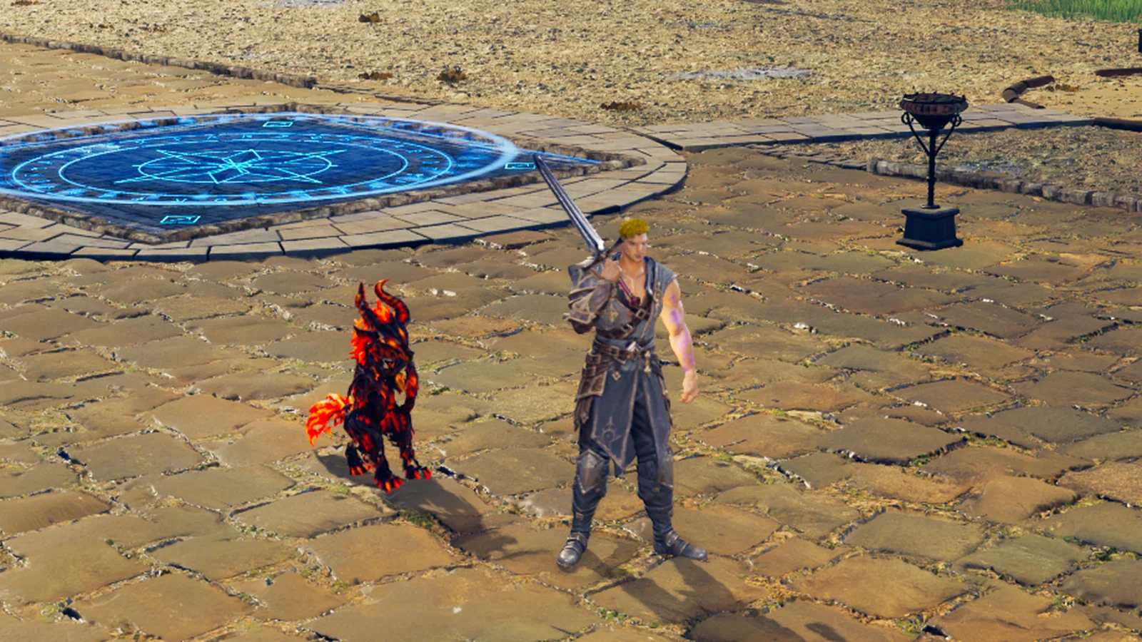 A hellhound of black iron and living flame standing beside a hero on a stone square