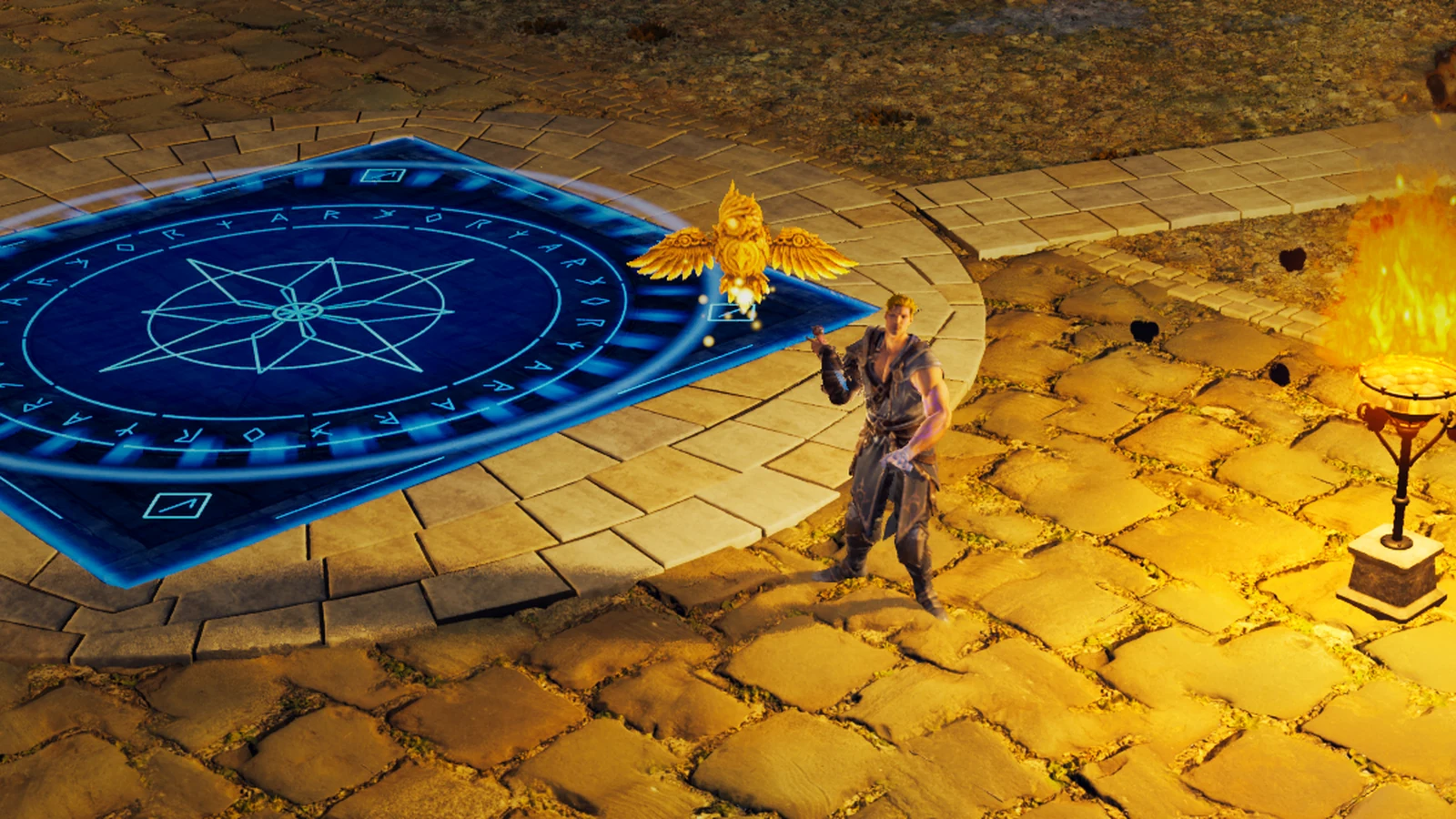 A gilded owl with spread golden wings and glowing amber eyes flying beside a hero at night, above a blue rune circle