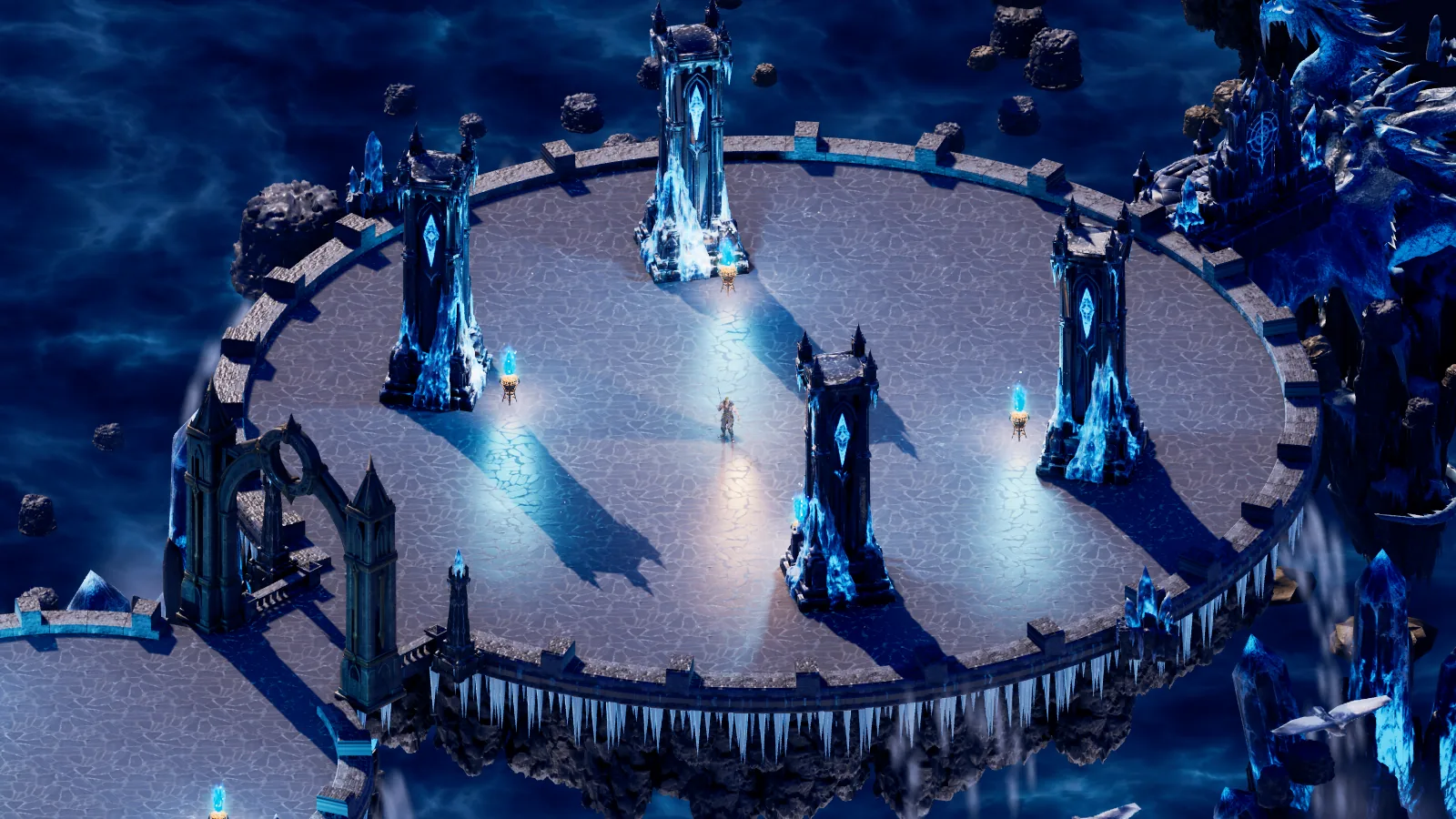 A frozen boss platform with ice pillars, high above the void