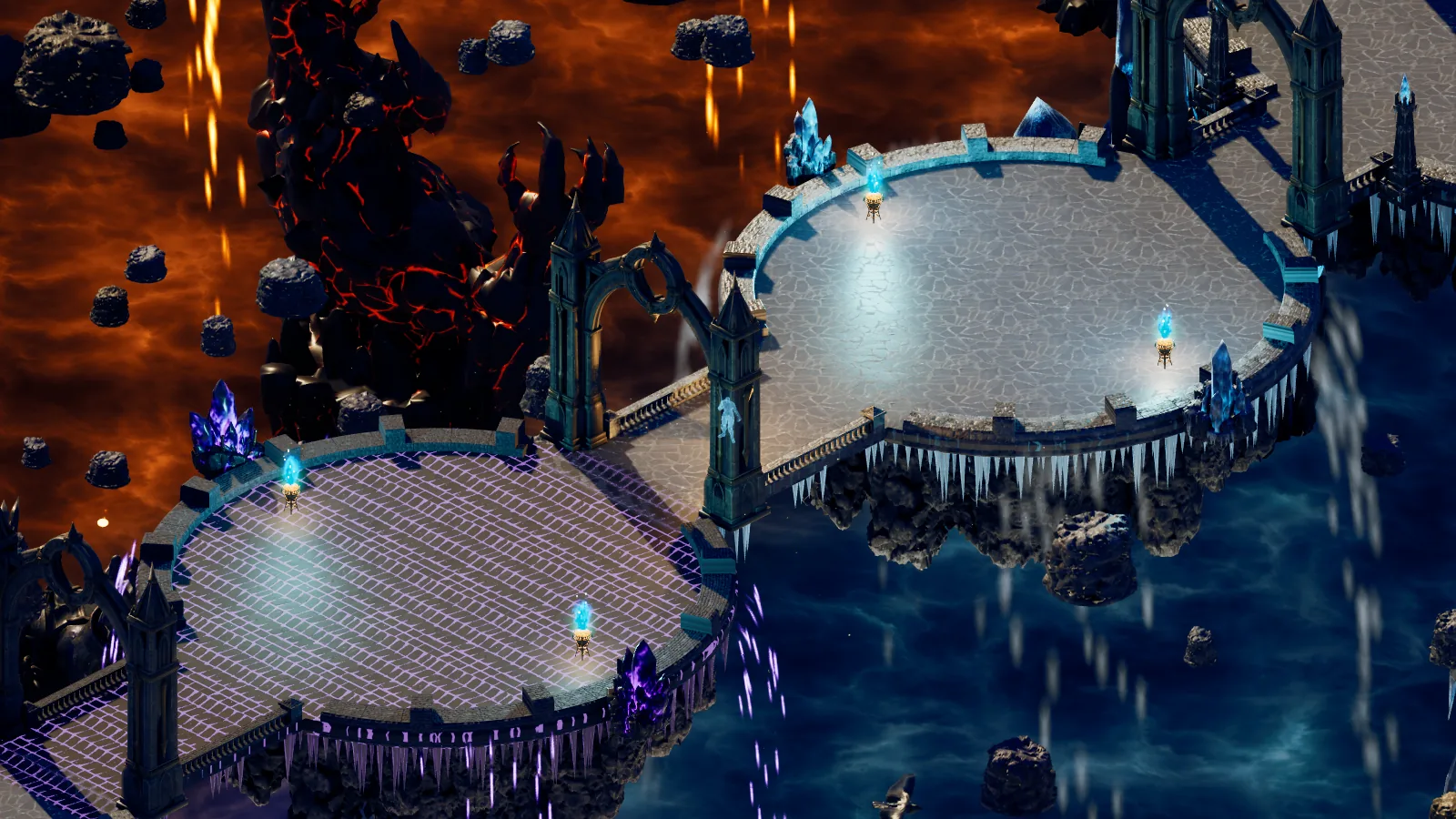 Floating stone islands linked by bridges in a boss rift, above a void of fire and ice