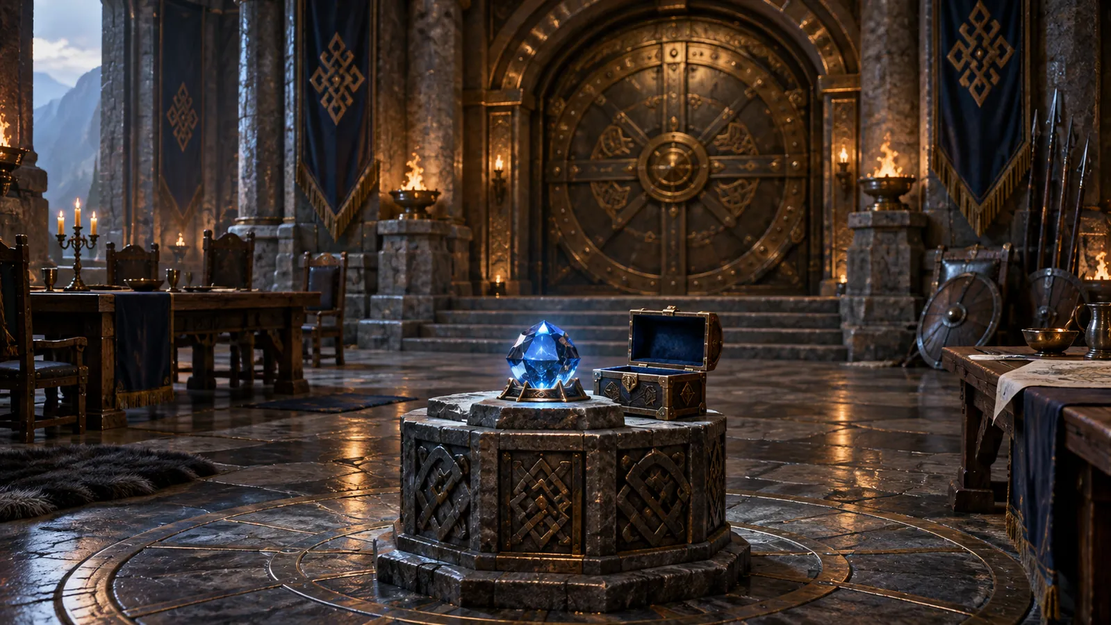Blue jewels and a vault in a fortified clan hall.