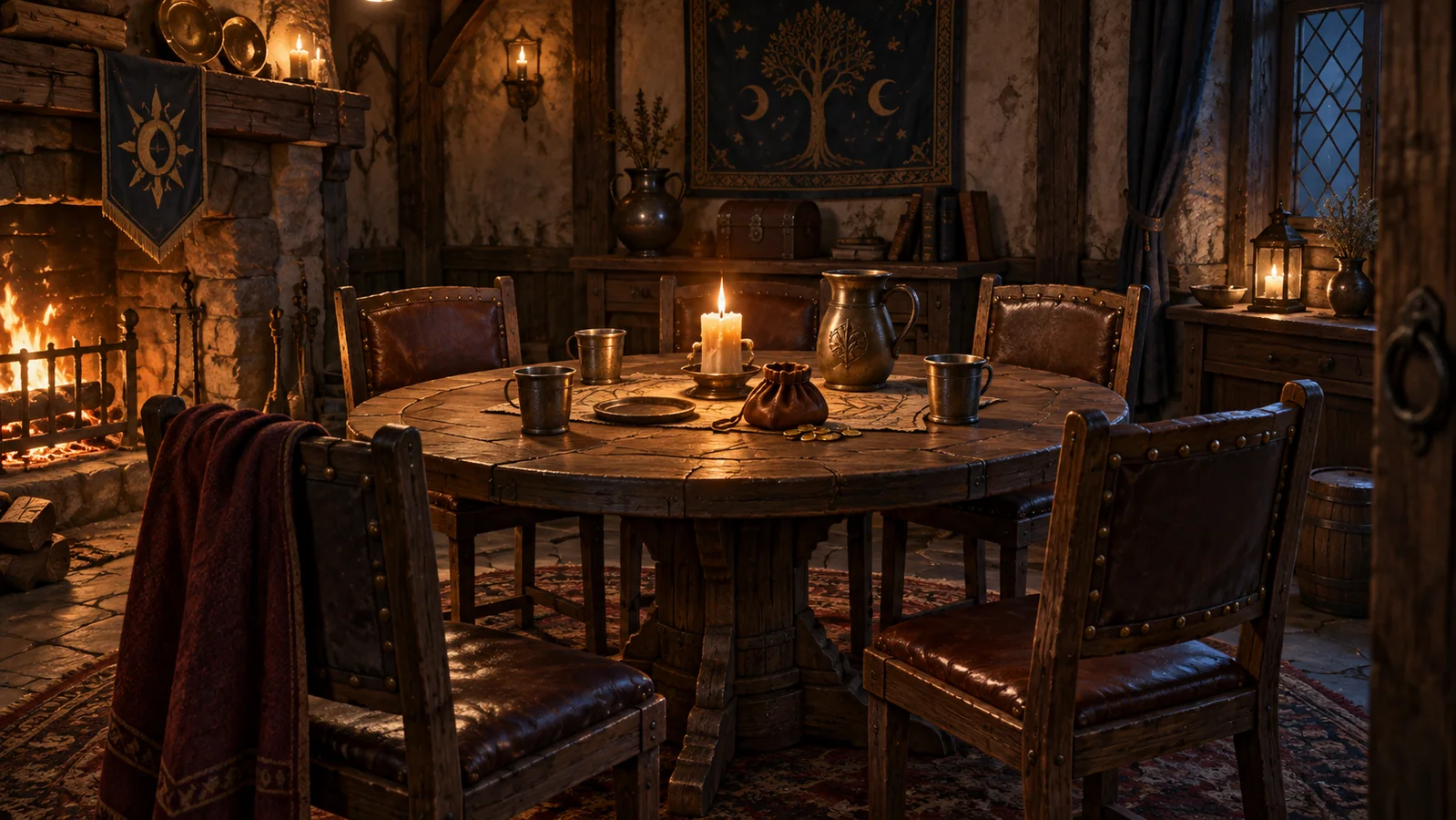 A small fellowship table with chairs, cups and a coin purse.