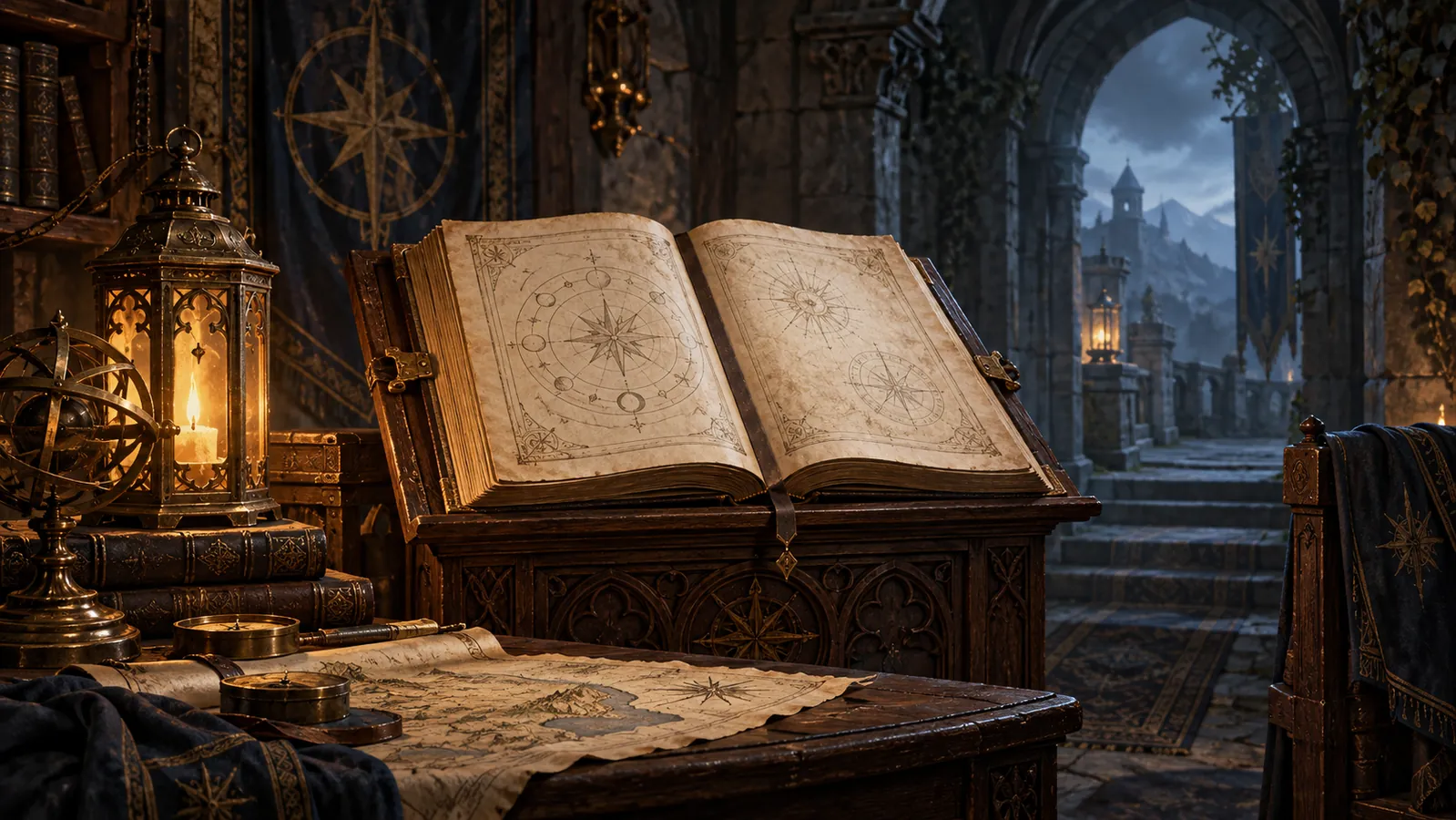 A reference book, lantern and folded map in a reading alcove.