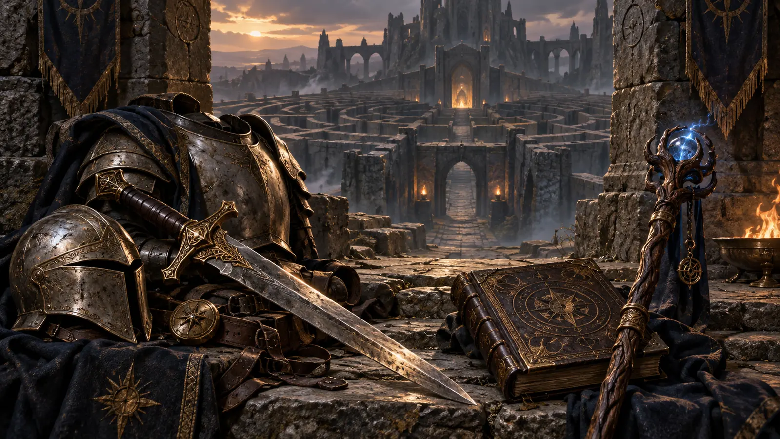 A sword, armour and a magical staff beside a labyrinth gate.