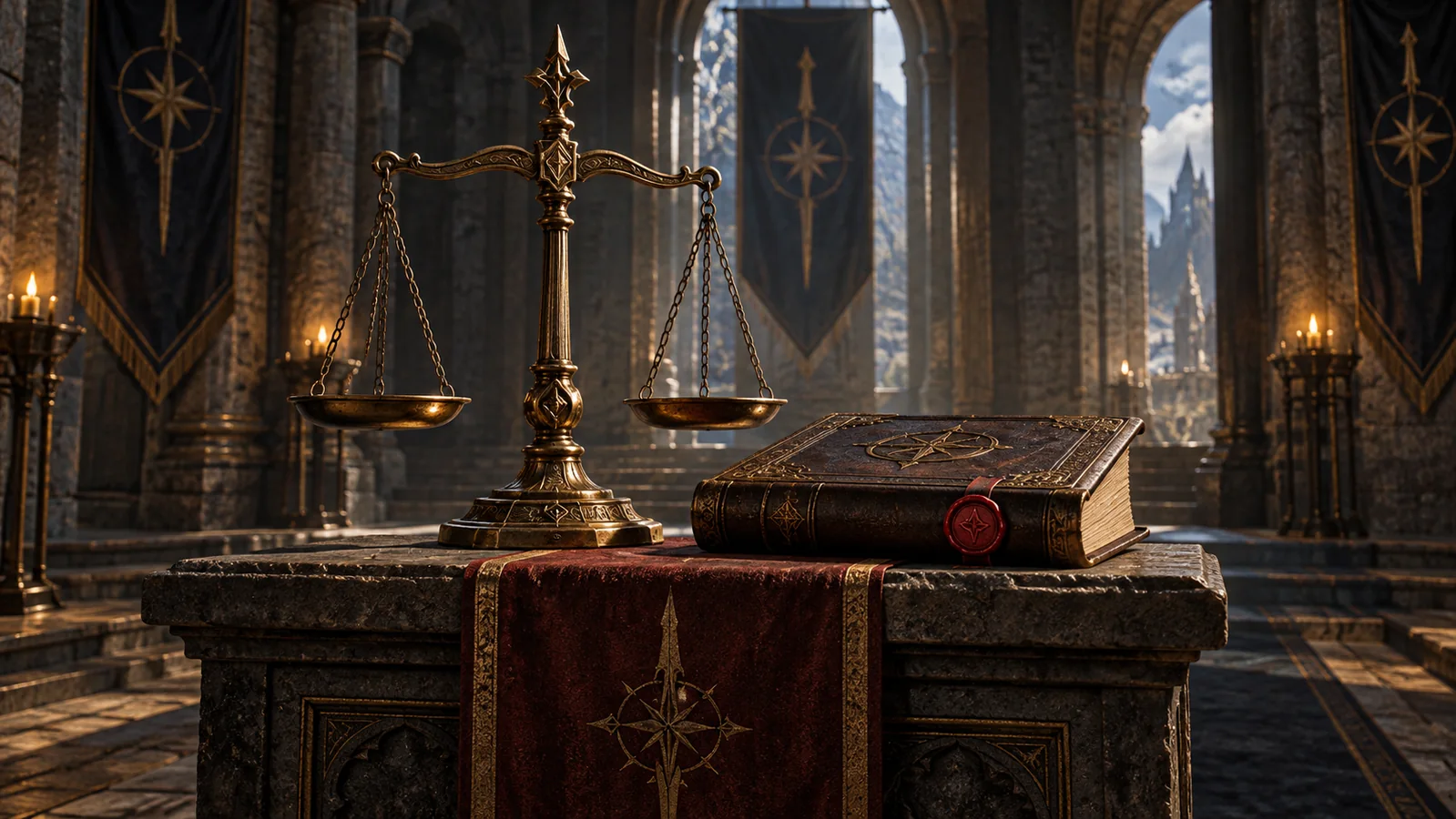 Bronze scales and a bound rule book in a quiet stone hall.