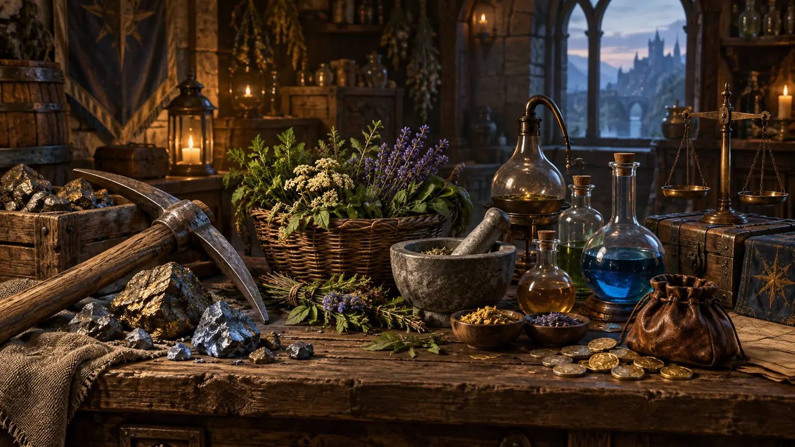 Mining tools, gathered herbs and potion equipment on a workbench.