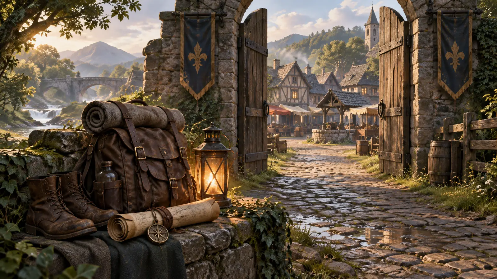 A travel pack and lantern on a cobbled path to a village gate.