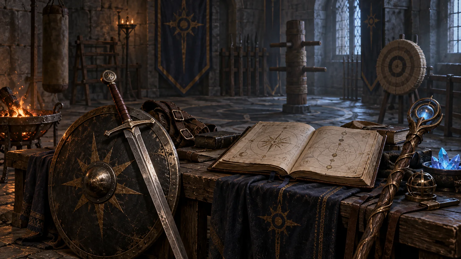 Training weapons and a spell book with restrained elemental light.