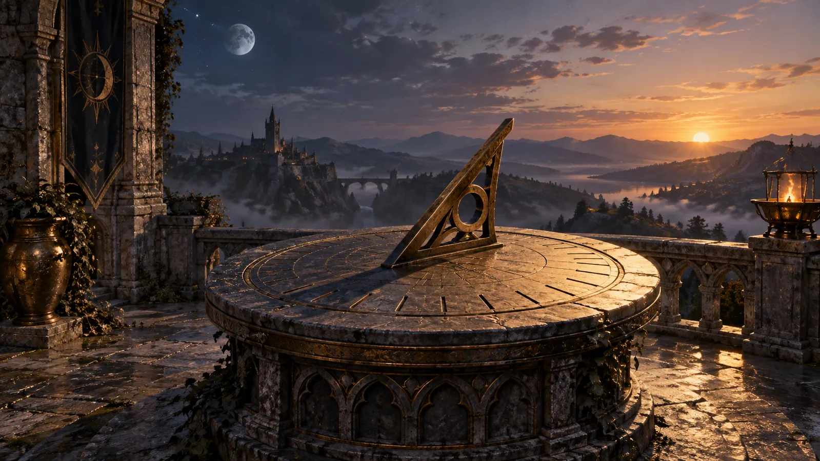 A sundial at dawn with a moon over a medieval terrace.