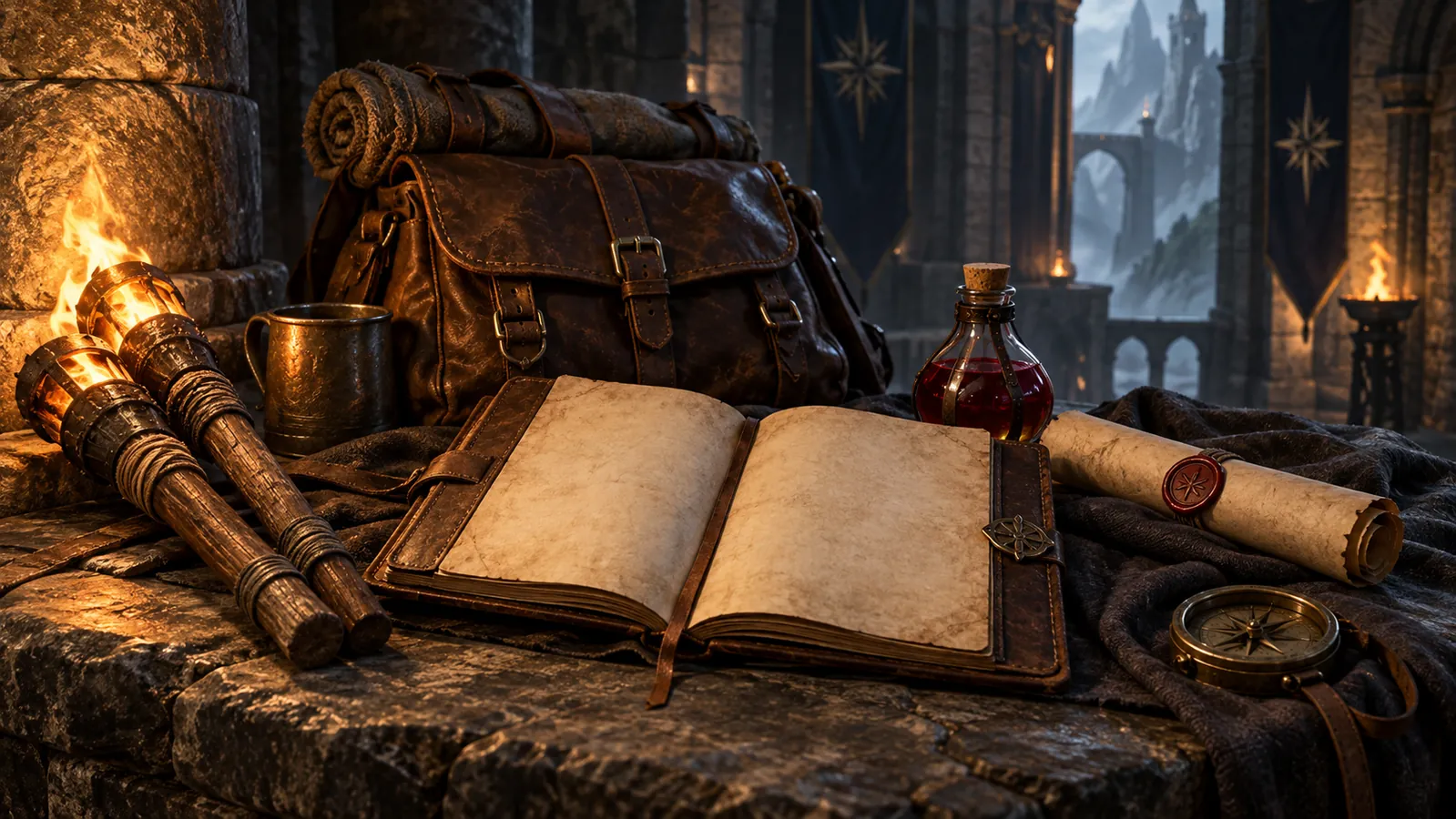 An adventure journal, torches, a recall scroll and a healing potion.