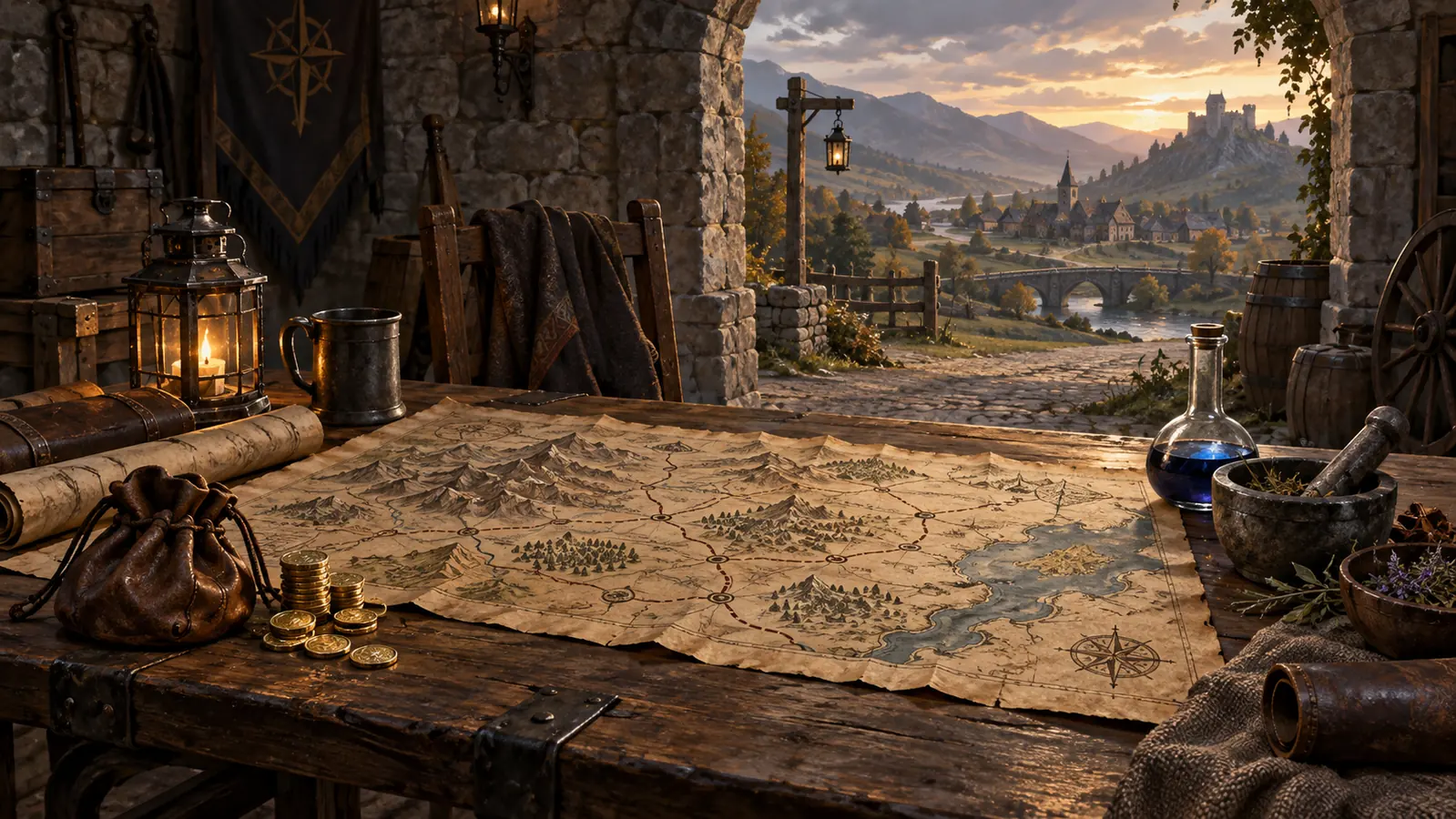 A parchment map, coins and alchemy tools in a stone wayhouse.